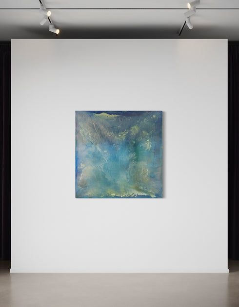 A stunning artwork featuring soft aquas and teals mimicking the iridescent interior of an abalone shell, with layered glazes capturing its ethereal translucence.