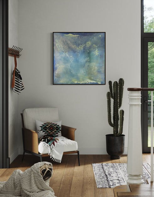 A stunning artwork featuring soft aquas and teals mimicking the iridescent interior of an abalone shell, with layered glazes capturing its ethereal translucence.