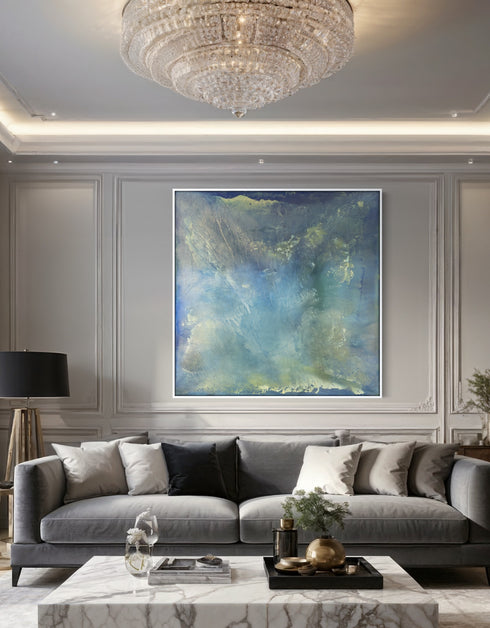 A stunning artwork featuring soft aquas and teals mimicking the iridescent interior of an abalone shell, with layered glazes capturing its ethereal translucence.