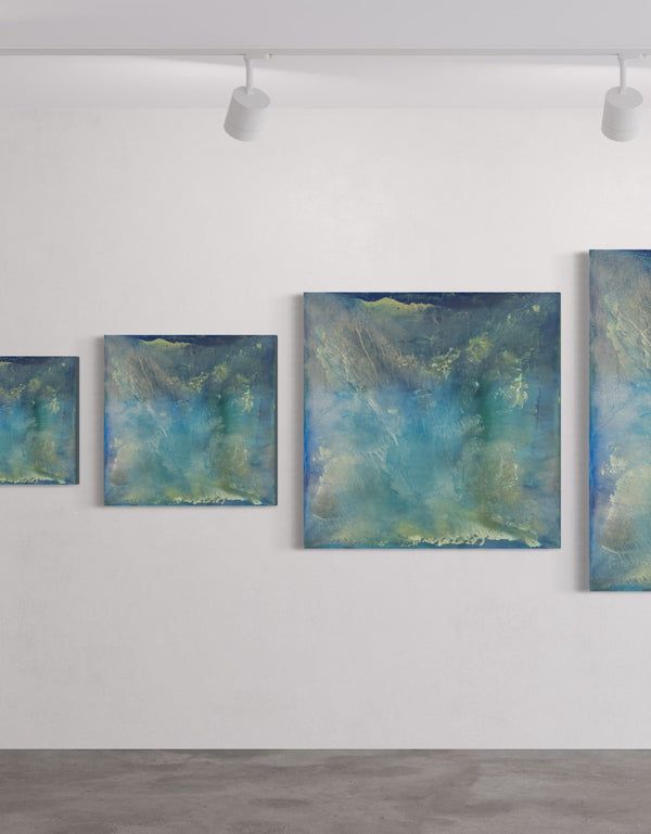 A stunning artwork featuring soft aquas and teals mimicking the iridescent interior of an abalone shell, with layered glazes capturing its ethereal translucence.