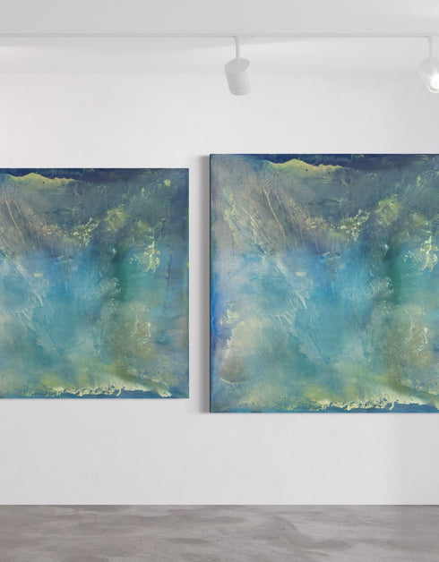 A stunning artwork featuring soft aquas and teals mimicking the iridescent interior of an abalone shell, with layered glazes capturing its ethereal translucence.