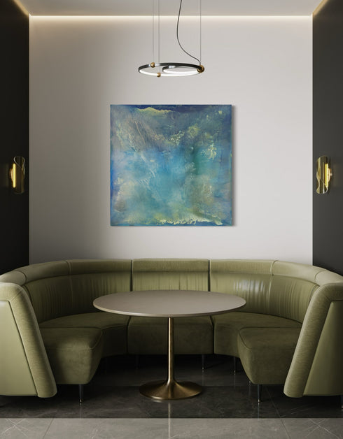 "Abalone" captures the serene beauty of the ocean depths through an abalone shell's iridescence. This diptych's soft aquas and teals mimic nacre's shimmer, offering a calming and reflective escape into natural marvels. Elevate your space with its luminous, calming presence.