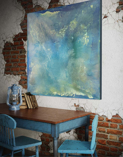 "Abalone" captures the serene beauty of the ocean depths through an abalone shell's iridescence. This diptych's soft aquas and teals mimic nacre's shimmer, offering a calming and reflective escape into natural marvels. Elevate your space with its luminous, calming presence.