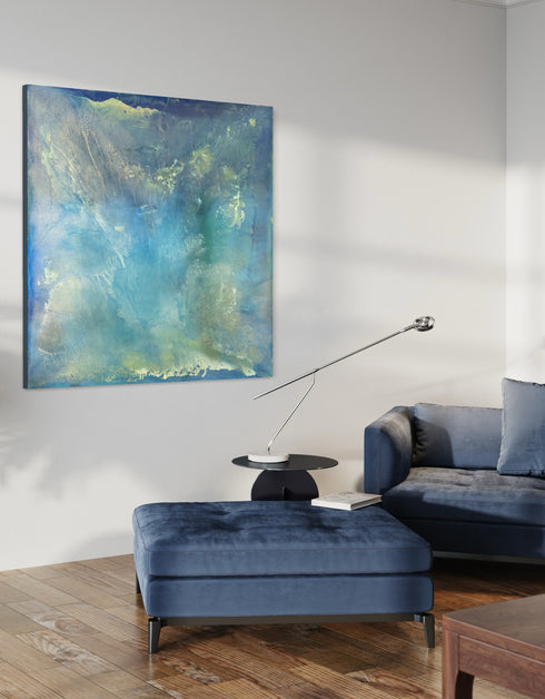 "Abalone" captures the serene beauty of the ocean depths through an abalone shell's iridescence. This diptych's soft aquas and teals mimic nacre's shimmer, offering a calming and reflective escape into natural marvels. Elevate your space with its luminous, calming presence.