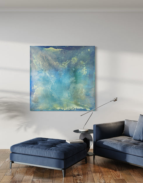 "Abalone" captures the serene beauty of the ocean depths through an abalone shell's iridescence. This diptych's soft aquas and teals mimic nacre's shimmer, offering a calming and reflective escape into natural marvels. Elevate your space with its luminous, calming presence.