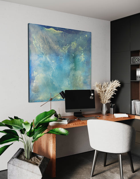 "Abalone" captures the serene beauty of the ocean depths through an abalone shell's iridescence. This diptych's soft aquas and teals mimic nacre's shimmer, offering a calming and reflective escape into natural marvels. Elevate your space with its luminous, calming presence.