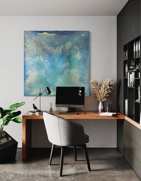 "Abalone" captures the serene beauty of the ocean depths through an abalone shell's iridescence. This diptych's soft aquas and teals mimic nacre's shimmer, offering a calming and reflective escape into natural marvels. Elevate your space with its luminous, calming presence.