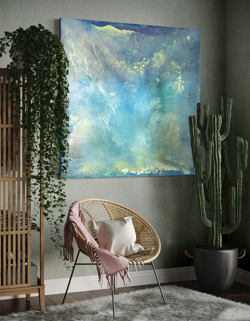 "Abalone" captures the serene beauty of the ocean depths through an abalone shell's iridescence. This diptych's soft aquas and teals mimic nacre's shimmer, offering a calming and reflective escape into natural marvels. Elevate your space with its luminous, calming presence.