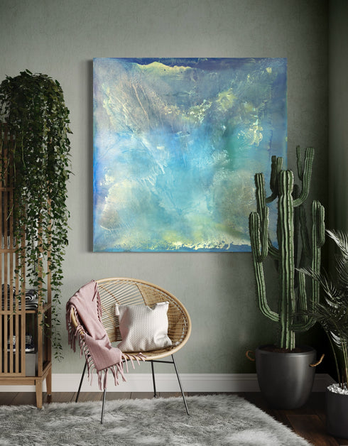 "Abalone" captures the serene beauty of the ocean depths through an abalone shell's iridescence. This diptych's soft aquas and teals mimic nacre's shimmer, offering a calming and reflective escape into natural marvels. Elevate your space with its luminous, calming presence.