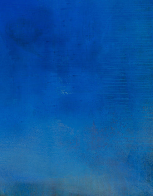 Abstract painting with opulent royal blue and gold tones, featuring an abstracted gilded silhouette, evoking Old World majesty and modern abstraction.