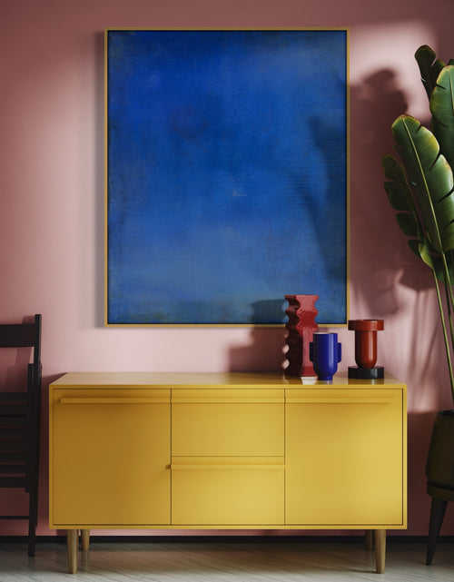 Abstract painting with opulent royal blue and gold tones, featuring an abstracted gilded silhouette, evoking Old World majesty and modern abstraction.