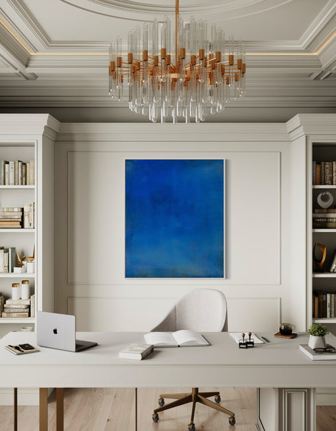 Abstract painting with opulent royal blue and gold tones, featuring an abstracted gilded silhouette, evoking Old World majesty and modern abstraction.