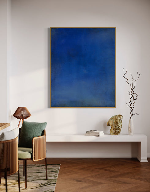 Abstract painting with opulent royal blue and gold tones, featuring an abstracted gilded silhouette, evoking Old World majesty and modern abstraction.