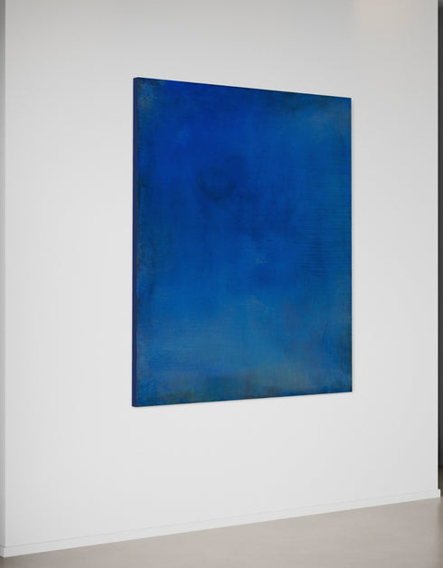 Abstract painting with opulent royal blue and gold tones, featuring an abstracted gilded silhouette, evoking Old World majesty and modern abstraction.