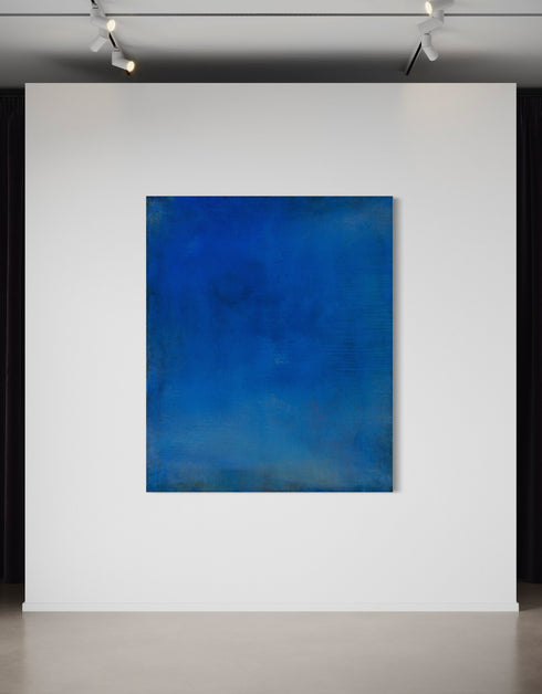 Abstract painting with opulent royal blue and gold tones, featuring an abstracted gilded silhouette, evoking Old World majesty and modern abstraction.