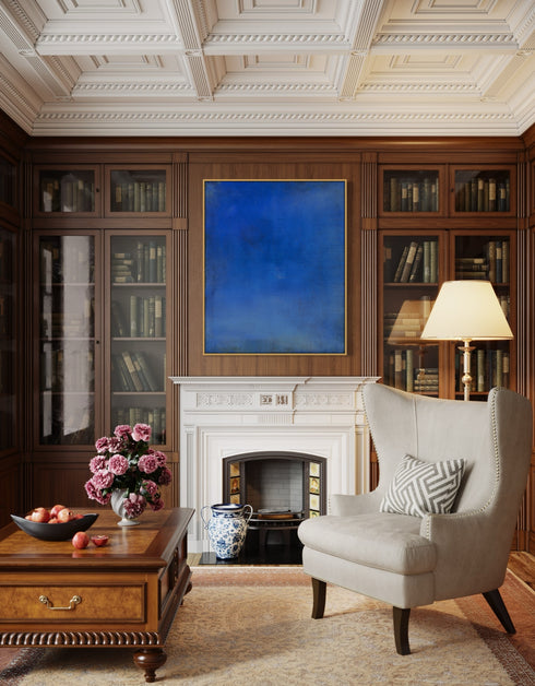 Abstract painting with opulent royal blue and gold tones, featuring an abstracted gilded silhouette, evoking Old World majesty and modern abstraction.