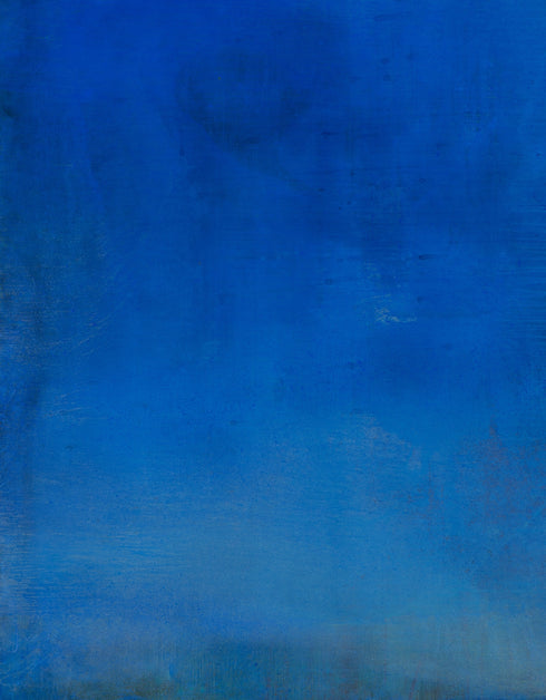 Abstract painting with opulent royal blue and gold tones, featuring an abstracted gilded silhouette, evoking Old World majesty and modern abstraction.