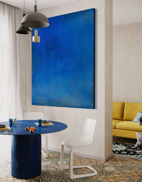 Abstract painting with opulent royal blue and gold tones, featuring an abstracted gilded silhouette, evoking Old World majesty and modern abstraction.