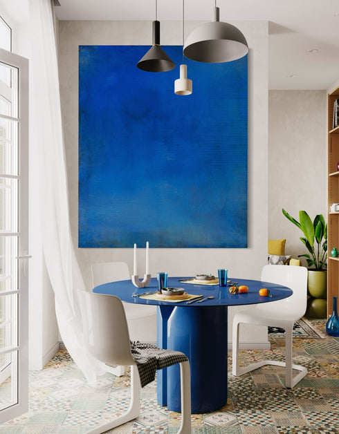 Abstract painting with opulent royal blue and gold tones, featuring an abstracted gilded silhouette, evoking Old World majesty and modern abstraction.