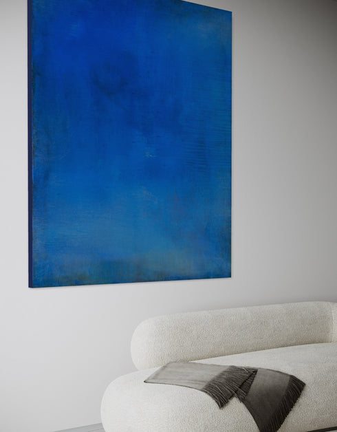 Abstract painting with opulent royal blue and gold tones, featuring an abstracted gilded silhouette, evoking Old World majesty and modern abstraction.
