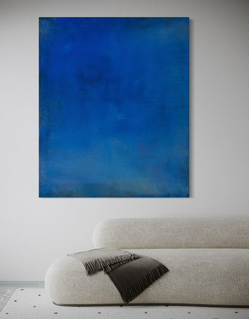 Abstract painting with opulent royal blue and gold tones, featuring an abstracted gilded silhouette, evoking Old World majesty and modern abstraction.