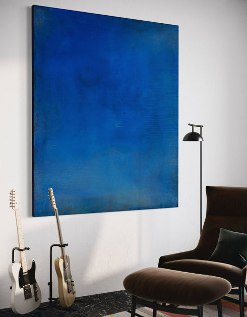 Abstract painting with opulent royal blue and gold tones, featuring an abstracted gilded silhouette, evoking Old World majesty and modern abstraction.