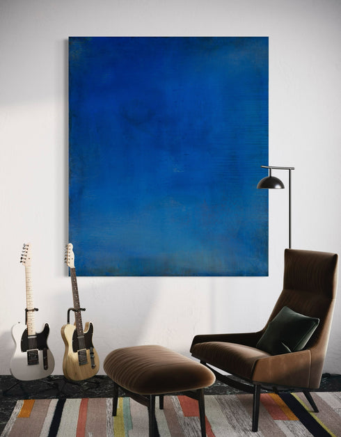 Abstract painting with opulent royal blue and gold tones, featuring an abstracted gilded silhouette, evoking Old World majesty and modern abstraction.