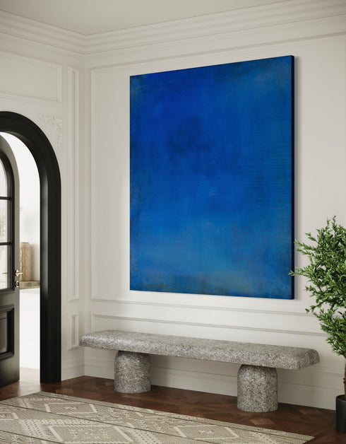 Abstract painting with opulent royal blue and gold tones, featuring an abstracted gilded silhouette, evoking Old World majesty and modern abstraction.