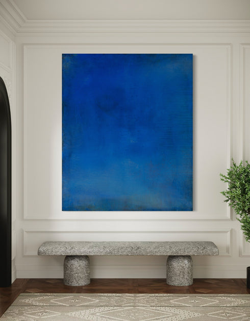 Abstract painting with opulent royal blue and gold tones, featuring an abstracted gilded silhouette, evoking Old World majesty and modern abstraction.
