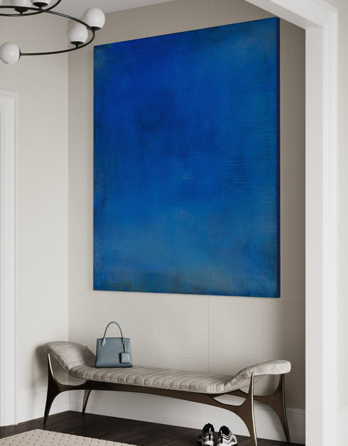 Abstract painting with opulent royal blue and gold tones, featuring an abstracted gilded silhouette, evoking Old World majesty and modern abstraction.