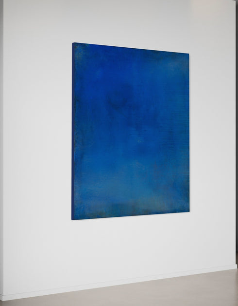 Abstract painting with opulent royal blue and gold tones, featuring an abstracted gilded silhouette, evoking Old World majesty and modern abstraction.