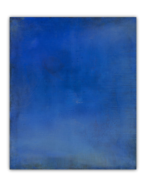 Abstract painting with opulent royal blue and gold tones, featuring an abstracted gilded silhouette, evoking Old World majesty and modern abstraction.