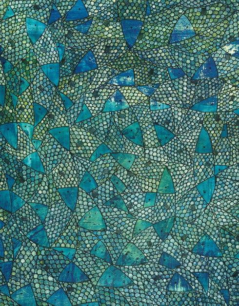 Blue Green Sardines is a Giclee on Canvas Print by Seth B. Minkin with deep blues, emerald greens, and gold accents, vividly capturing each individual scale of each sardine in intricate detail.