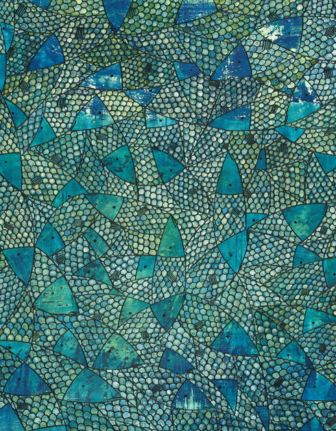 Blue Green Sardines is a Limited Edition Print by Seth B. Minkin with deep blues, emerald greens, and gold accents, vividly capturing each individual scale of each sardine in intricate detail.