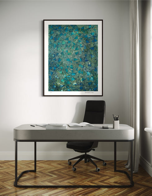 Blue Green Sardines is a Limited Edition Print by Seth B. Minkin with deep blues, emerald greens, and gold accents, vividly capturing each individual scale of each sardine in intricate detail.