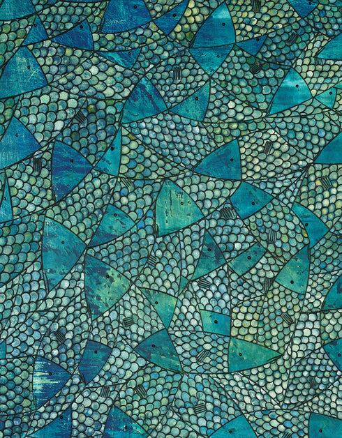 30"x40" painting with deep blues, emerald greens, and gold accents, featuring intricately painted sardines gliding through abstract textures, capturing the ocean's vivid colors.