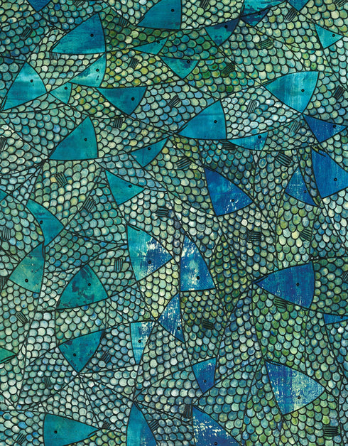 30"x40" painting with deep blues, emerald greens, and gold accents, featuring intricately painted sardines gliding through abstract textures, capturing the ocean's vivid colors.