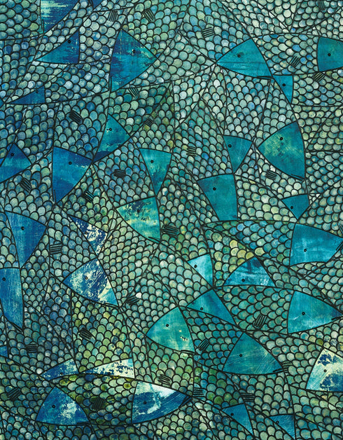 30"x40" painting with deep blues, emerald greens, and gold accents, featuring intricately painted sardines gliding through abstract textures, capturing the ocean's vivid colors.