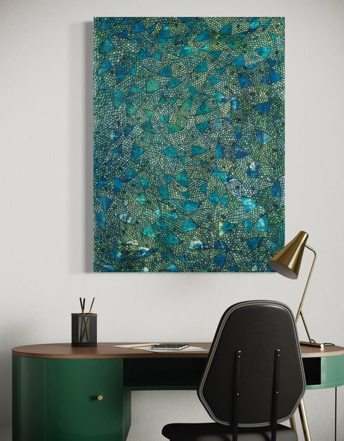 30"x40" painting with deep blues, emerald greens, and gold accents, featuring intricately painted sardines gliding through abstract textures, capturing the ocean's vivid colors.