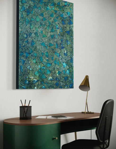 30"x40" painting with deep blues, emerald greens, and gold accents, featuring intricately painted sardines gliding through abstract textures, capturing the ocean's vivid colors.