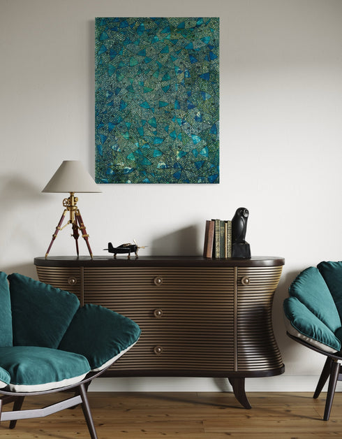 30"x40" painting with deep blues, emerald greens, and gold accents, featuring intricately painted sardines gliding through abstract textures, capturing the ocean's vivid colors.