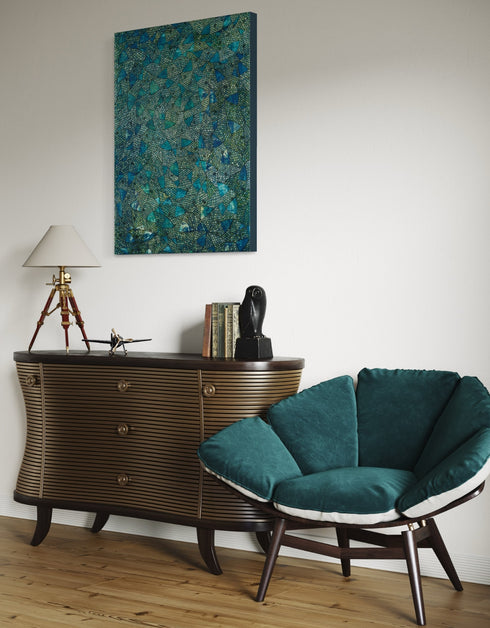 30"x40" painting with deep blues, emerald greens, and gold accents, featuring intricately painted sardines gliding through abstract textures, capturing the ocean's vivid colors.