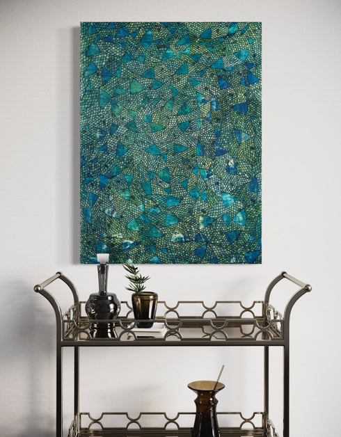 30"x40" painting with deep blues, emerald greens, and gold accents, featuring intricately painted sardines gliding through abstract textures, capturing the ocean's vivid colors.