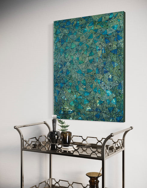 30"x40" painting with deep blues, emerald greens, and gold accents, featuring intricately painted sardines gliding through abstract textures, capturing the ocean's vivid colors.