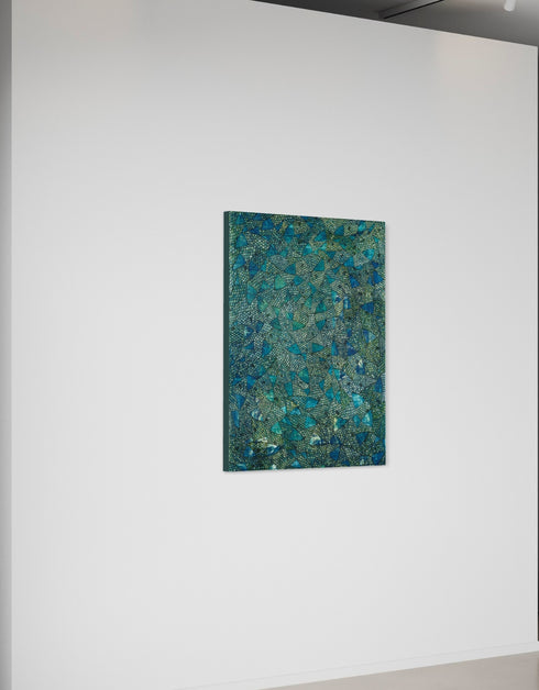 30"x40" painting with deep blues, emerald greens, and gold accents, featuring intricately painted sardines gliding through abstract textures, capturing the ocean's vivid colors.