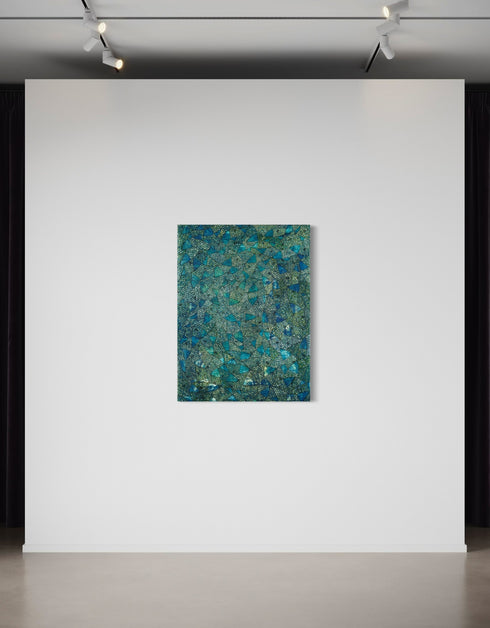 30"x40" painting with deep blues, emerald greens, and gold accents, featuring intricately painted sardines gliding through abstract textures, capturing the ocean's vivid colors.