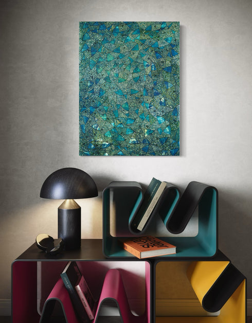 30"x40" painting with deep blues, emerald greens, and gold accents, featuring intricately painted sardines gliding through abstract textures, capturing the ocean's vivid colors.