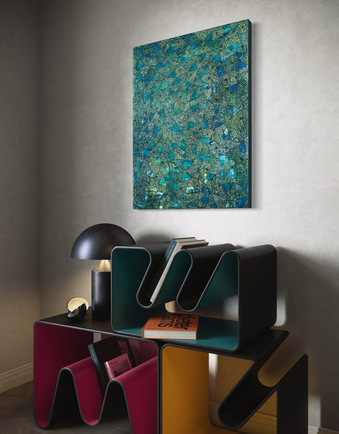 30"x40" painting with deep blues, emerald greens, and gold accents, featuring intricately painted sardines gliding through abstract textures, capturing the ocean's vivid colors.