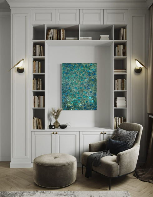 30"x40" painting with deep blues, emerald greens, and gold accents, featuring intricately painted sardines gliding through abstract textures, capturing the ocean's vivid colors.