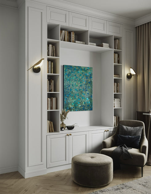 30"x40" painting with deep blues, emerald greens, and gold accents, featuring intricately painted sardines gliding through abstract textures, capturing the ocean's vivid colors.